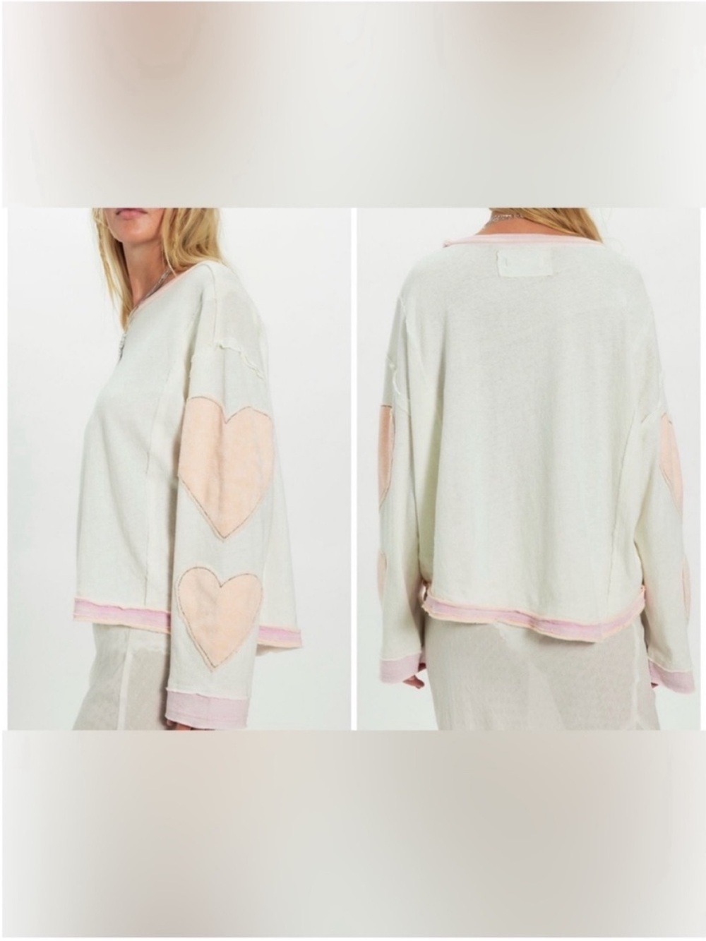 We The Free Cream Long-Sleeve Pullover with Blush Pink Heart Elbow Patches